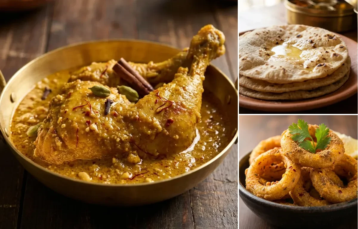 Chicken Chaap with Roti and Indian Onion Rings