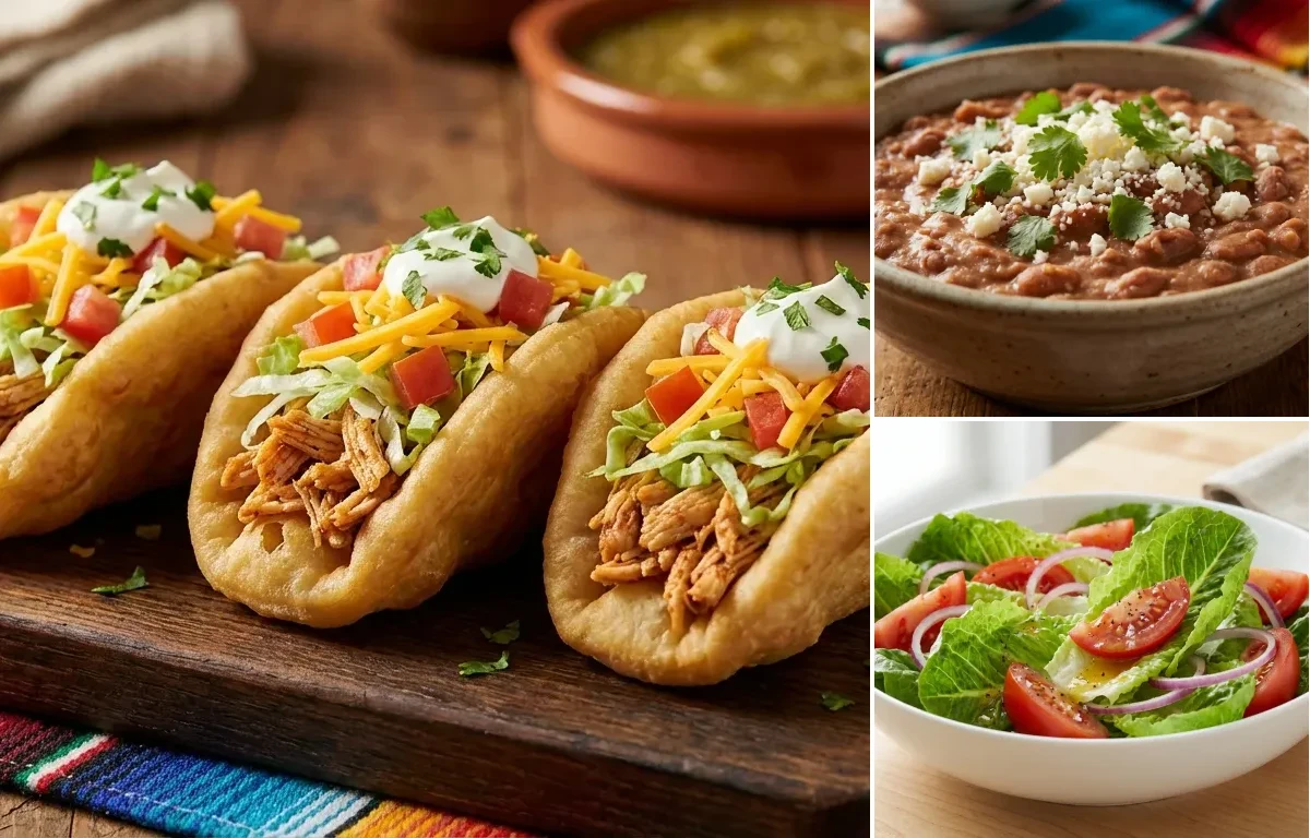 Chicken Chalupas with Tex-Mex Refried Beans and Lettuce and Tomato Salad