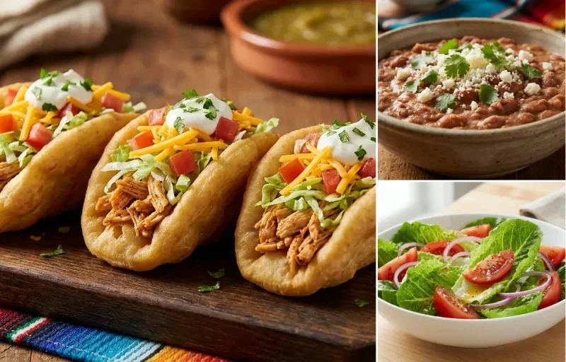 Chicken Chalupas with Tex-Mex Refried Beans and Lettuce and Tomato Salad