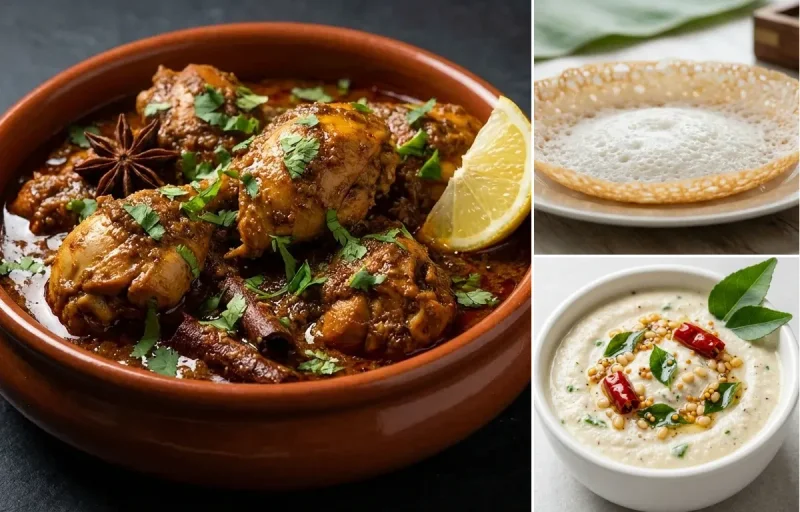 Chicken Chettinad with Kerala Appam and Coconut Chutney