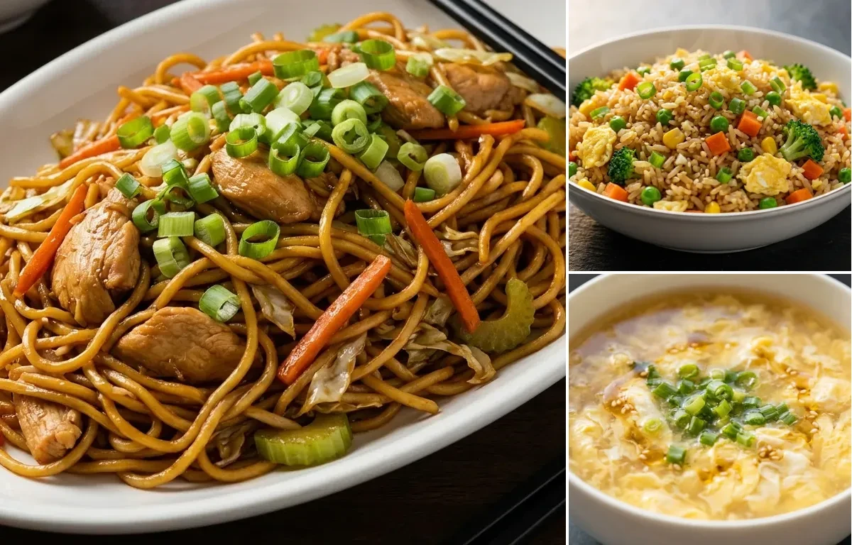 Chicken Chow Mein with Vegetable Fried Rice and Egg Drop Soup