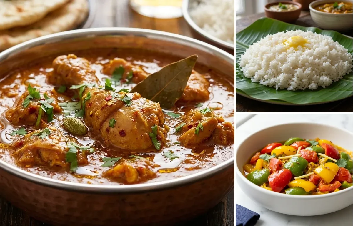 Chicken Curry with Steamed White Rice with Bell Pepper Sabzi