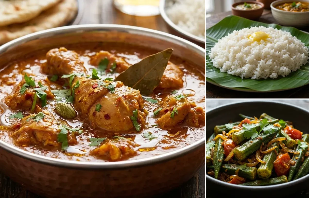 Chicken Curry with Steamed White Rice with Bhindi Sabzi