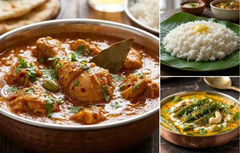 Chicken Curry with Steamed White Rice with Shahi Bhindi