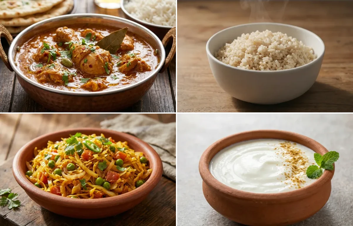 Chicken Curry with Steamed White Rice with Cabbage Sabzi with Dahi