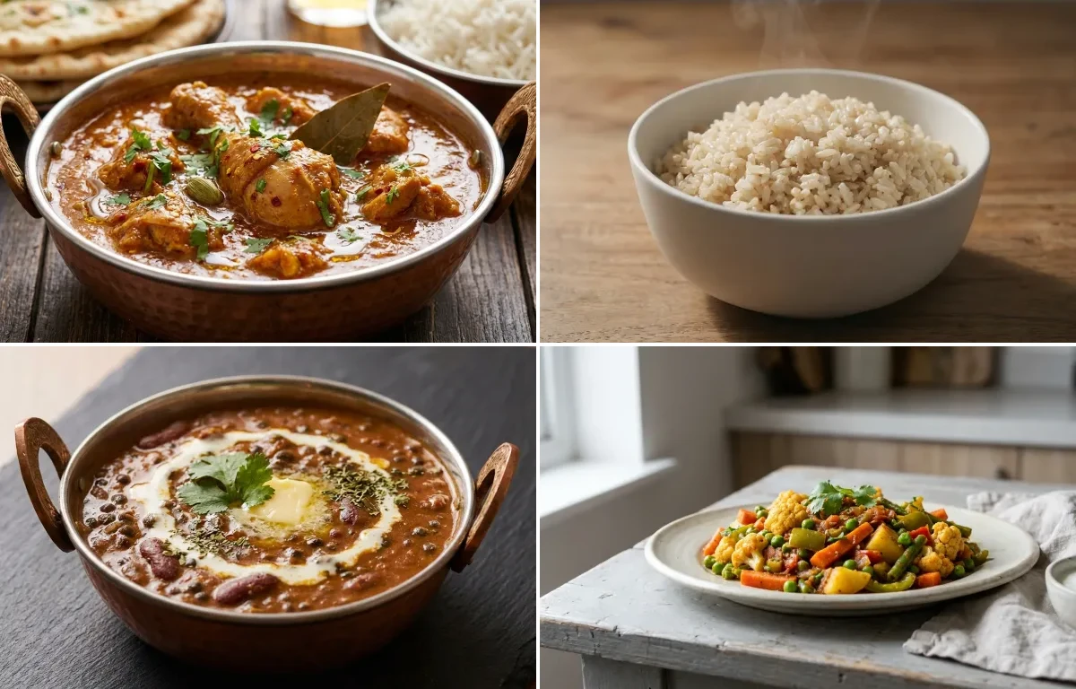 Chicken Curry with Steamed White Rice with Dal Makhani with Mixed Vegetable Sabzi with Dahi