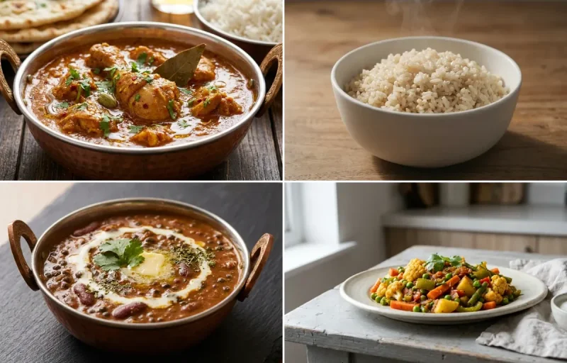 Chicken Curry with Steamed White Rice with Dal Makhani with Mixed Vegetable Sabzi with Dahi