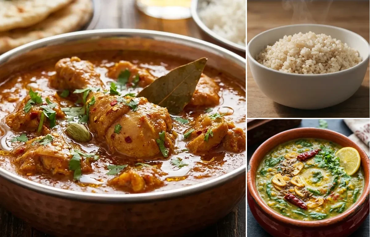 Chicken Curry with Steamed White Rice with Dal Palak