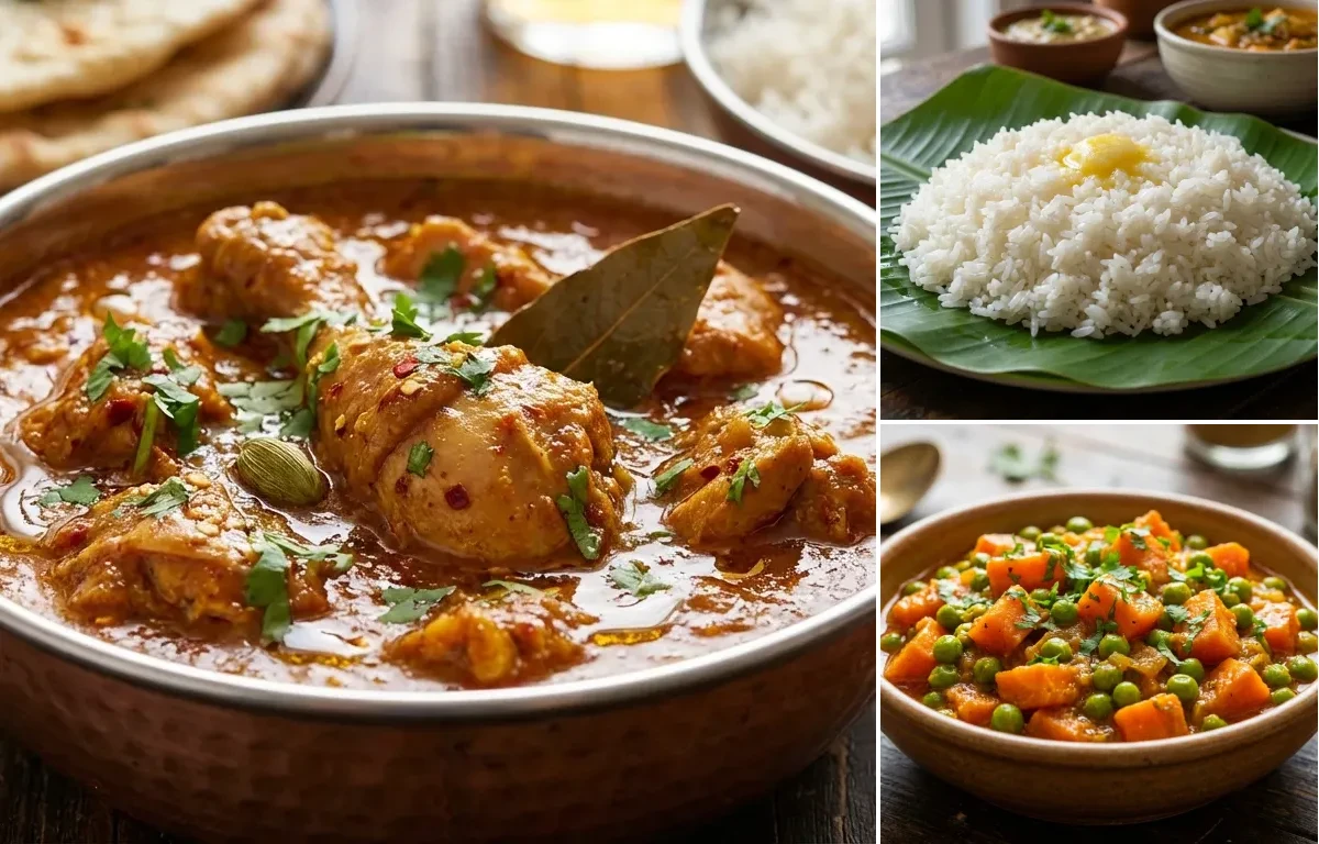 Chicken Curry with Steamed White Rice with Gajar Matar Sabzi