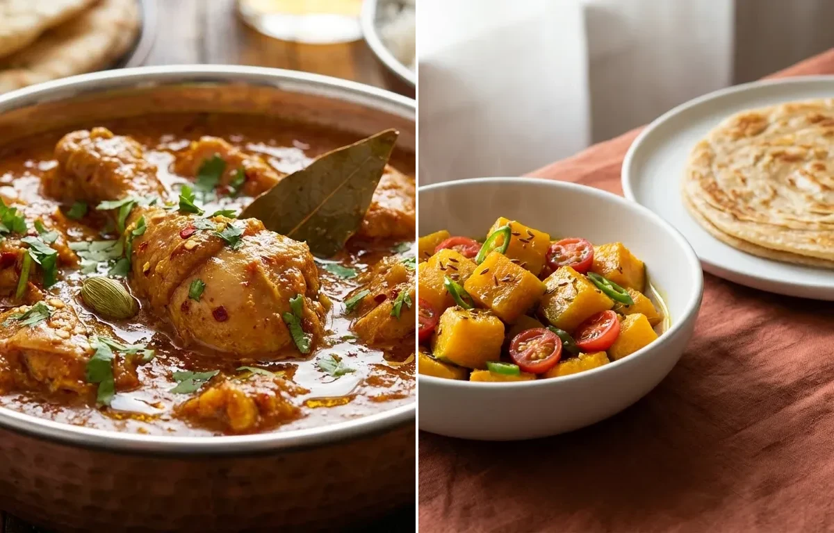 Chicken Curry with Steamed White Rice with Kaddu Sabzi With Paratha