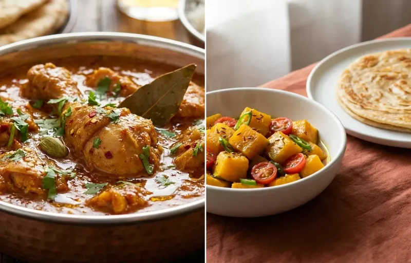 Chicken Curry with Steamed White Rice with Kaddu Sabzi With Paratha
