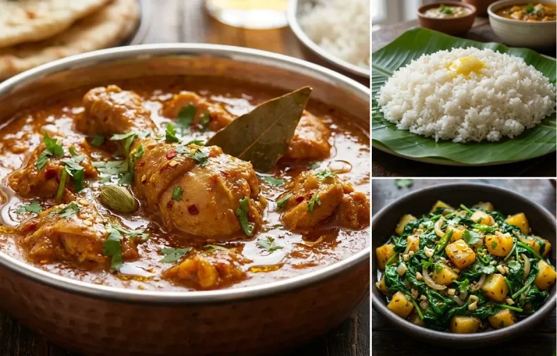 Chicken Curry with Steamed White Rice with Paleng Xaak Bhaji