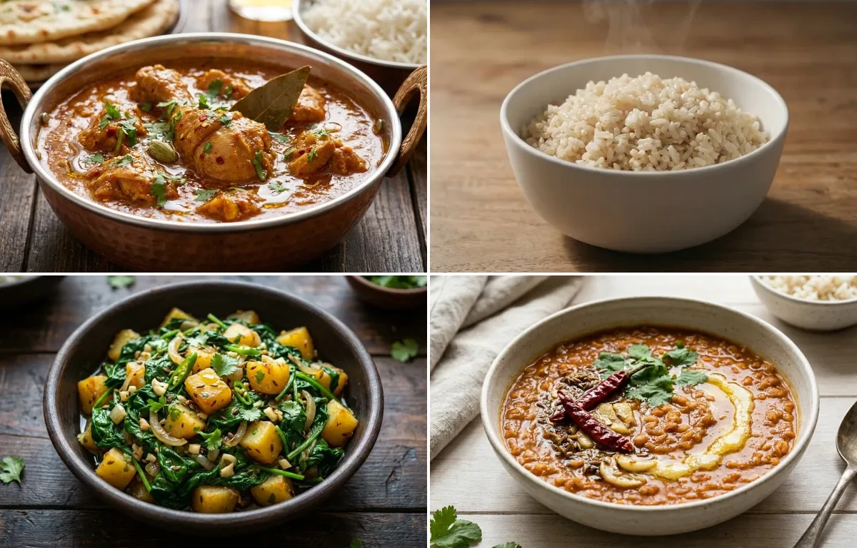 Chicken Curry with Steamed White Rice with Paleng Xaak Bhaji with Masoor Dal