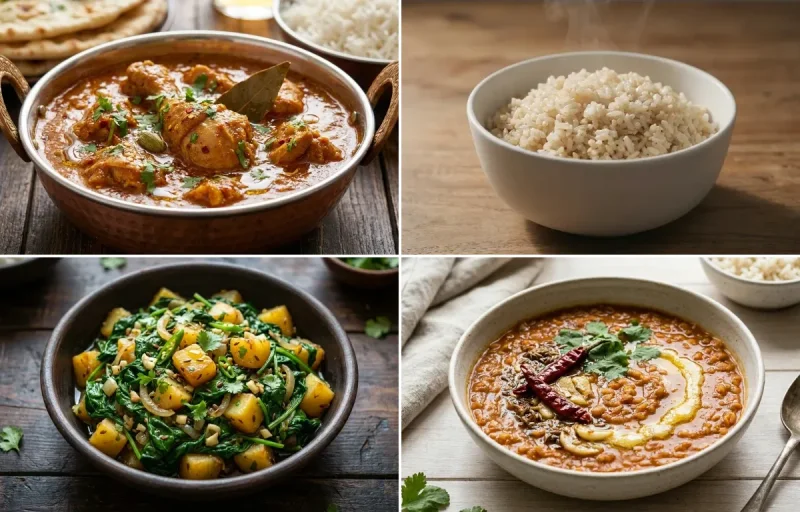 Chicken Curry with Steamed White Rice with Paleng Xaak Bhaji with Masoor Dal