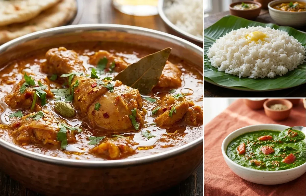 Chicken Curry with Steamed White Rice with Palak Sabzi