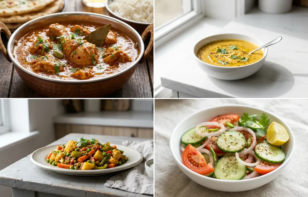 Chicken Curry with Steamed White Rice with Toor Dal with Mixed Vegetable Sabzi with Green Salad with Dahi