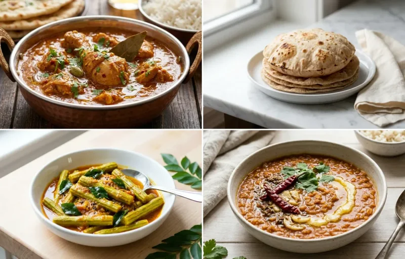 Chicken Curry with Steamed White Rice with Whole-Wheat Phulka with Drumstick Sabzi with Masoor Dal