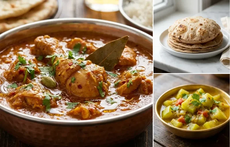 Chicken Curry with Steamed White Rice with Whole-Wheat Phulka with Lauki Sabzi