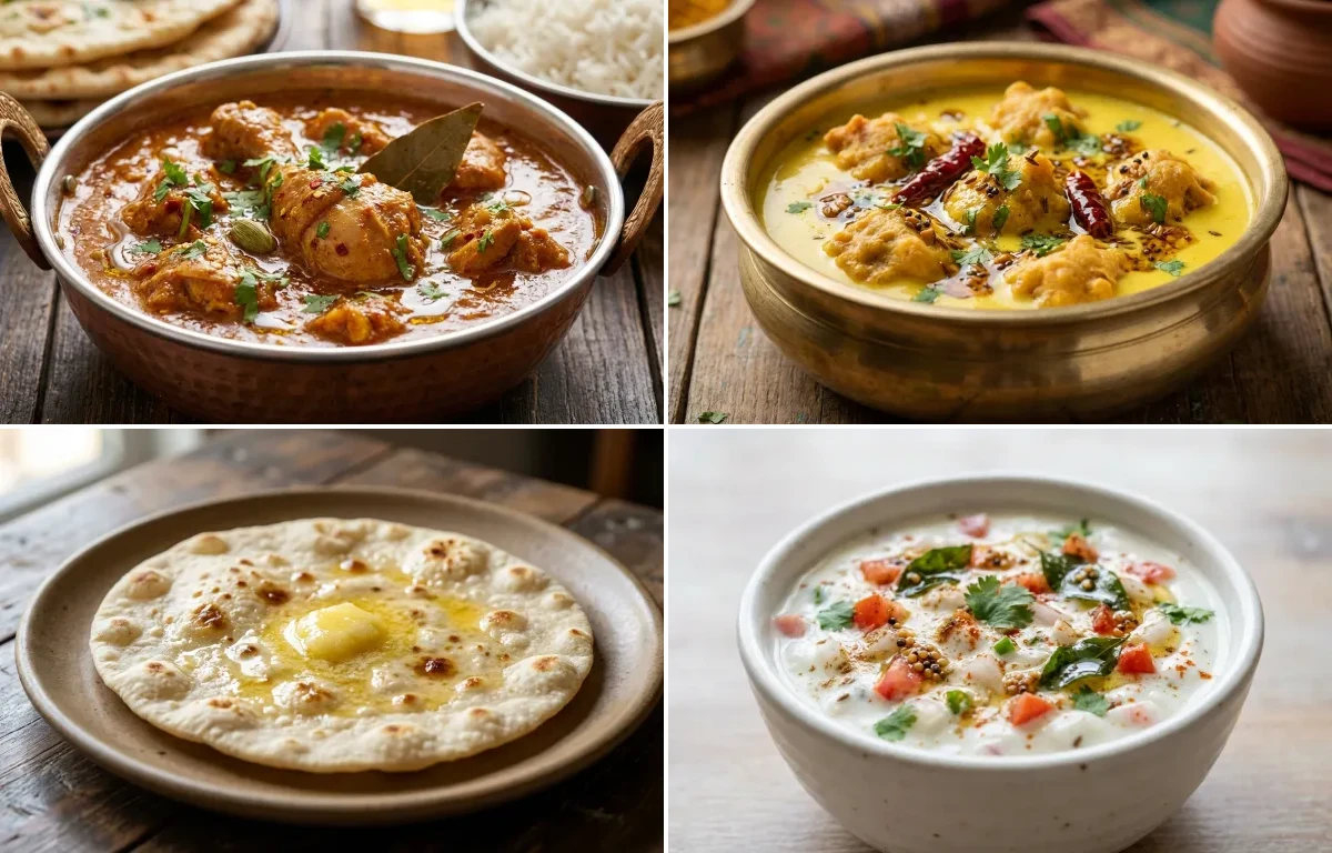 Chicken Curry with Kadhi Pakora, Jowar Roti and Onion Tomato Raita