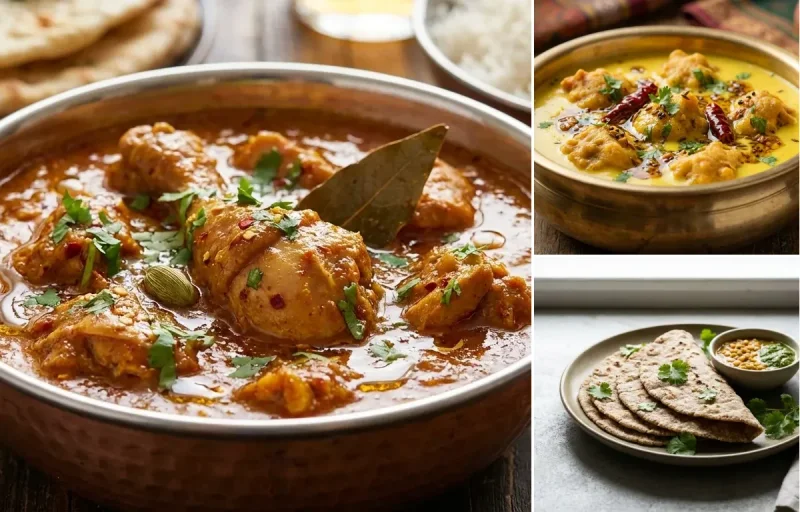 Chicken Curry with Kadhi Pakora, Vegan Jowar Roti and Plain Yogurt Cup