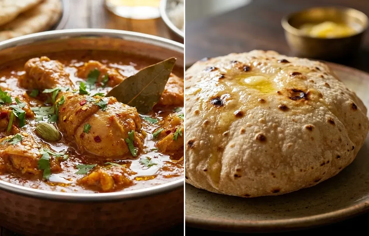 Chicken Curry with Kadhi, Phulka and Onion Raita