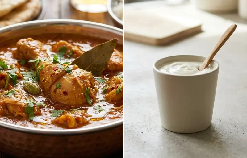 Chicken Curry with Paneer Stuffed Moong Dal Chilla, Vegan Jowar Roti and Plain Yogurt Cup