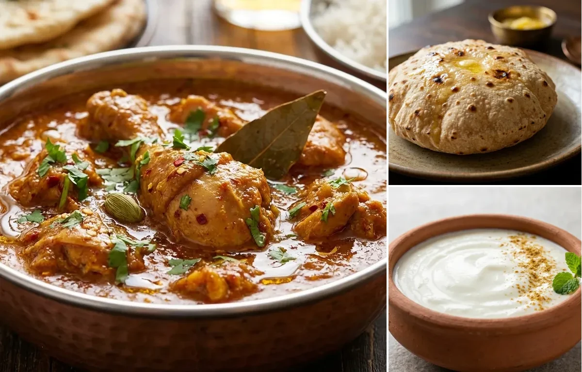 Chicken Curry with Phulka with Jeera Rice with Dahi with Green Salad