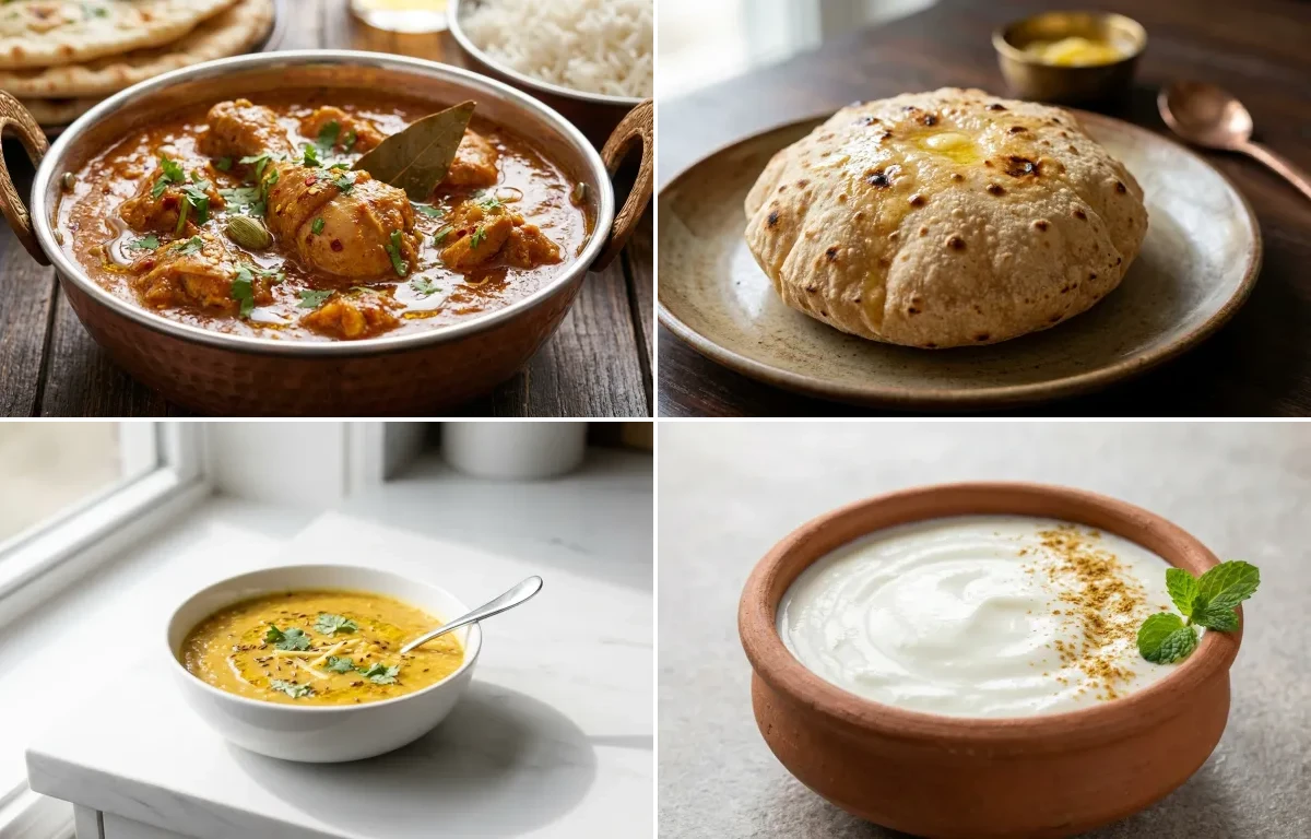 Chicken Curry with Phulka with Jeera Rice with Toor Dal with Dahi