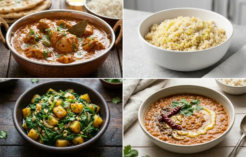 Chicken Curry with Quinoa with Paleng Xaak Bhaji with Masoor Dal