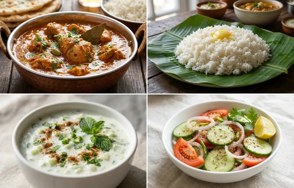 Chicken Curry with Steamed Rice with Cucumber Raita with Green Salad
