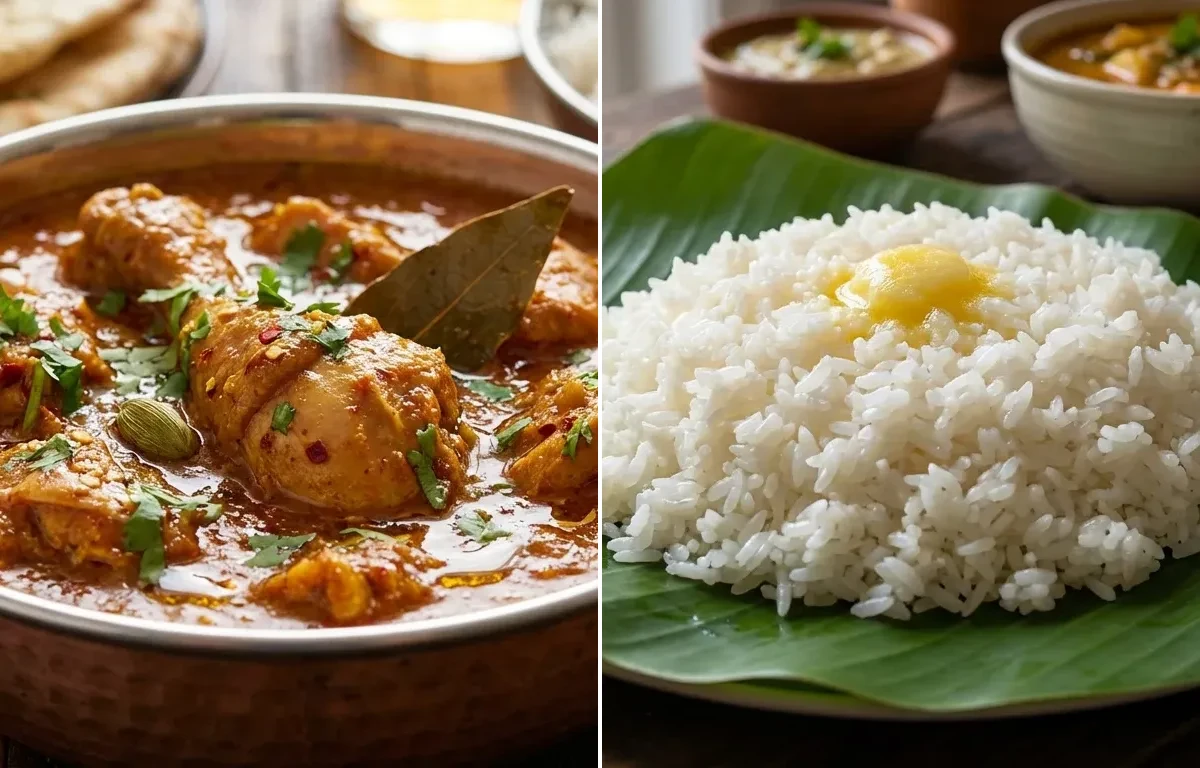Chicken Curry with Steamed Rice with Onion Cucumber Salad