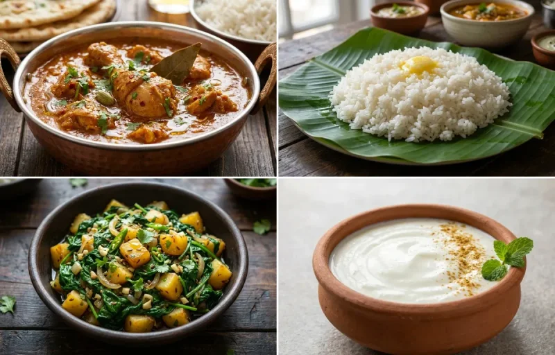Chicken Curry with Steamed Rice with Paleng Xaak Bhaji with Dahi (75
