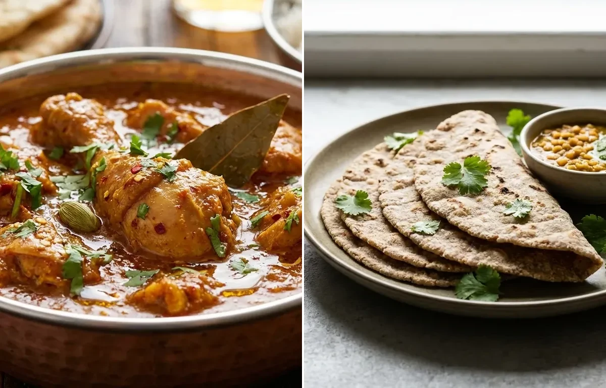 Chicken Curry with Toor Dal Tadka, Vegan Jowar Roti and Plain Yogurt Cup