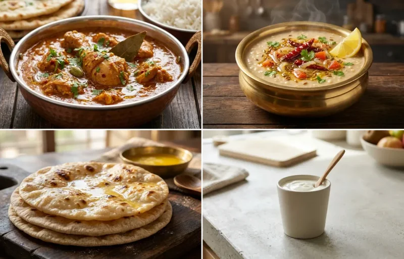 Chicken Curry with Urad Dal Tadka, Chapati and Plain Yogurt Cup