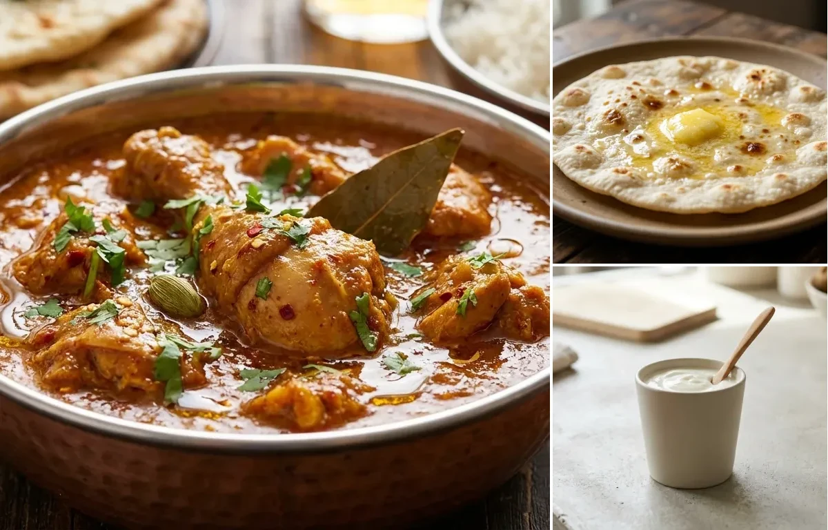 Chicken Curry with Vegan Dal Palak, Jowar Roti and Plain Yogurt Cup