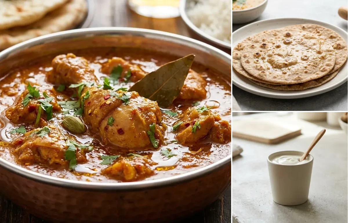 Chicken Curry with Vegan Dal Palak, No-Salt Whole Wheat Roti and Plain Yogurt Cup