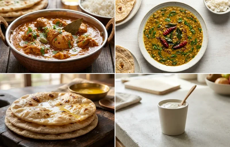 Chicken Curry with Vegan Methi Dal, Chapati and Plain Yogurt Cup