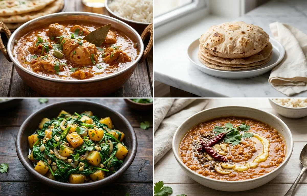 Chicken Curry with Whole-Wheat Phulka with Paleng Xaak Bhaji with Masoor Dal