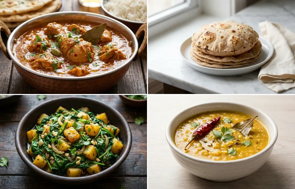 Chicken Curry with Whole-Wheat Phulka with Paleng Xaak Bhaji with Moong Dal