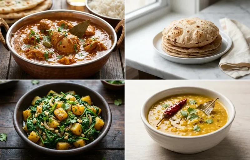Chicken Curry with Whole-Wheat Phulka with Paleng Xaak Bhaji with Moong Dal