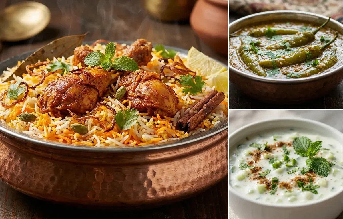 Chicken Dum Biryani with Mirchi ka Salan and Cucumber Raita