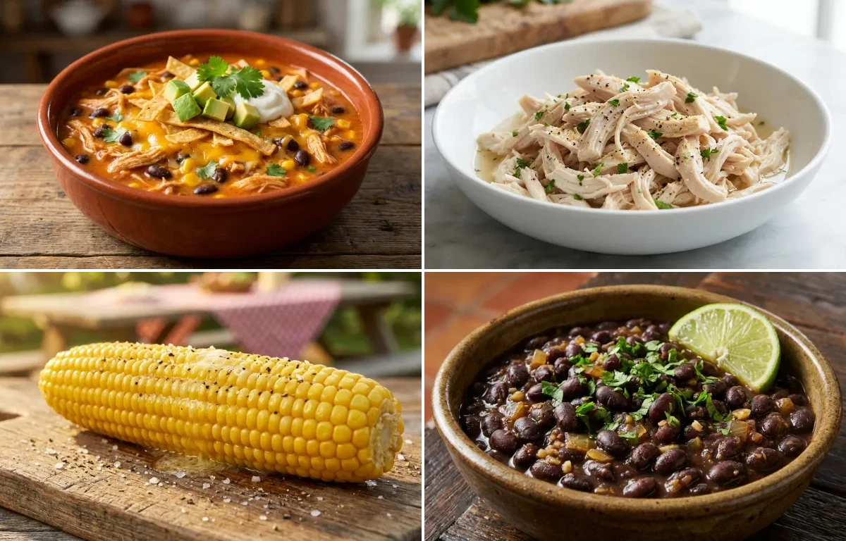 Chicken Enchilada Soup with Shredded Chicken, Corn on the Cob and Savory Black Beans