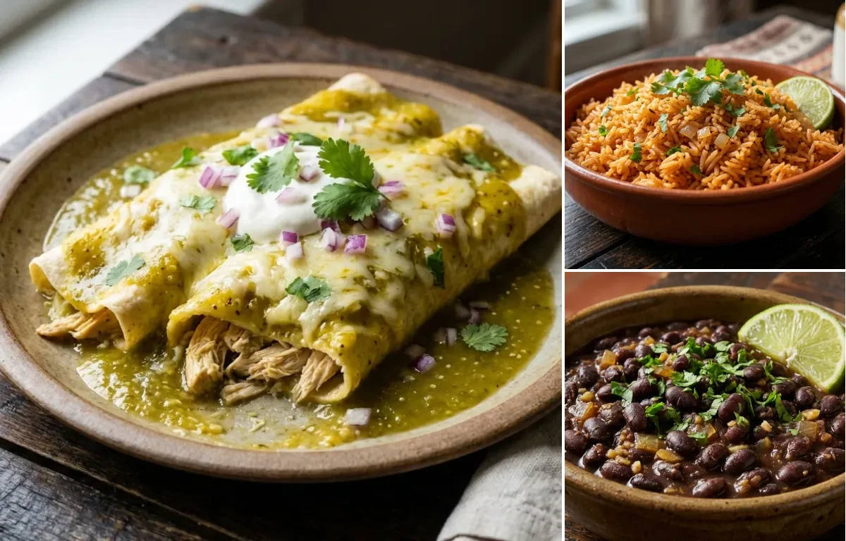 Chicken Enchiladas with Green Sauce with Spanish Rice and Savory Black Beans