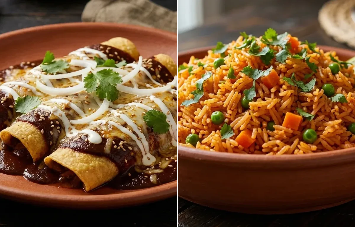 Chicken Enchiladas with Mole Sauce with Mexican Rice