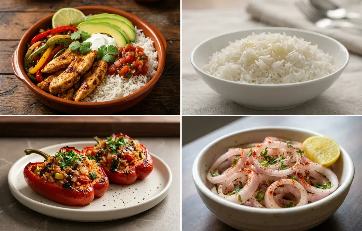 Chicken Fajita Bowl with Steamed Basmati Rice, Stuffed Bell Peppers, Laccha Pyaaz and Restaurant-Style Salsa