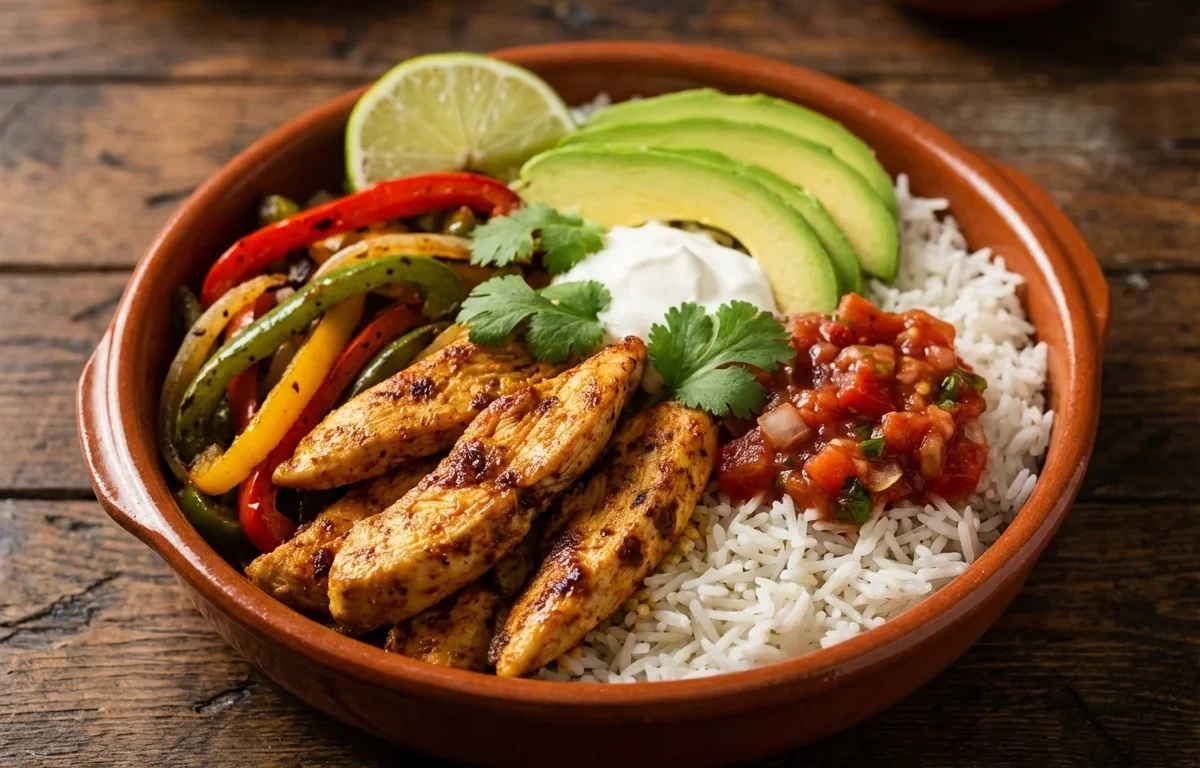 Chicken Fajita Bowl with Carrot Cucumber Salad