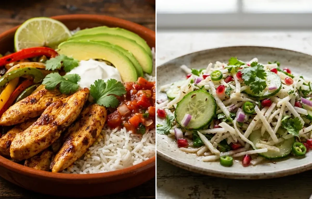 Chicken Fajita Bowl with Mooli Cucumber Salad