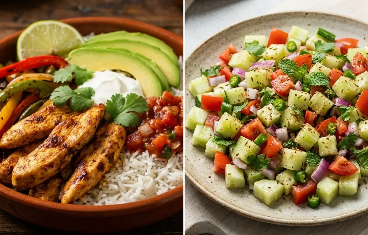 Chicken Fajita Bowl with No-Salt Lemon Cucumber Kachumber