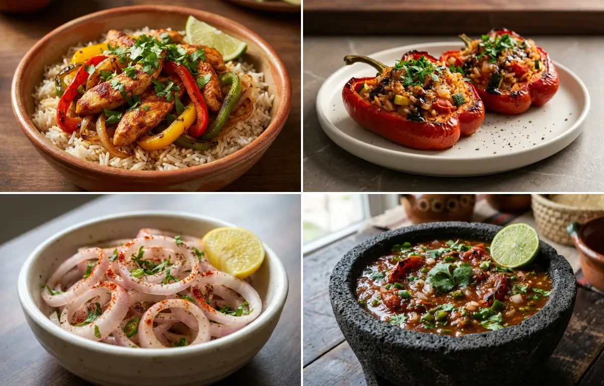 Chicken Fajita Rice Bowl with Stuffed Bell Peppers, Laccha Pyaaz, Restaurant-Style Salsa and Avocado Toast