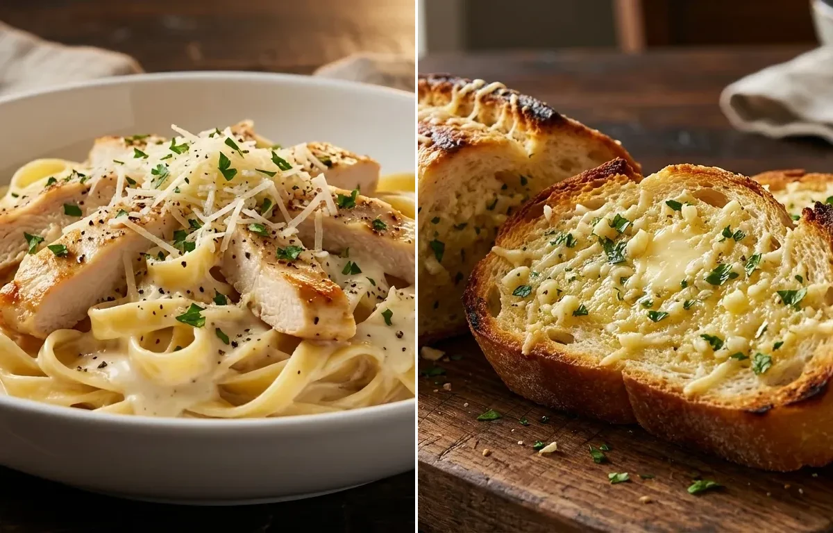 Chicken Fettuccine Alfredo with Garlic Bread